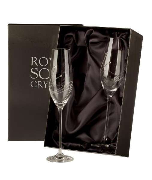 2 Royal Scot Crystal Champagne Flutes - Diamante - PRESENTATION BOXED